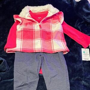 Carter's Pink Plaid Vest Set with Red Top and Gray Pants